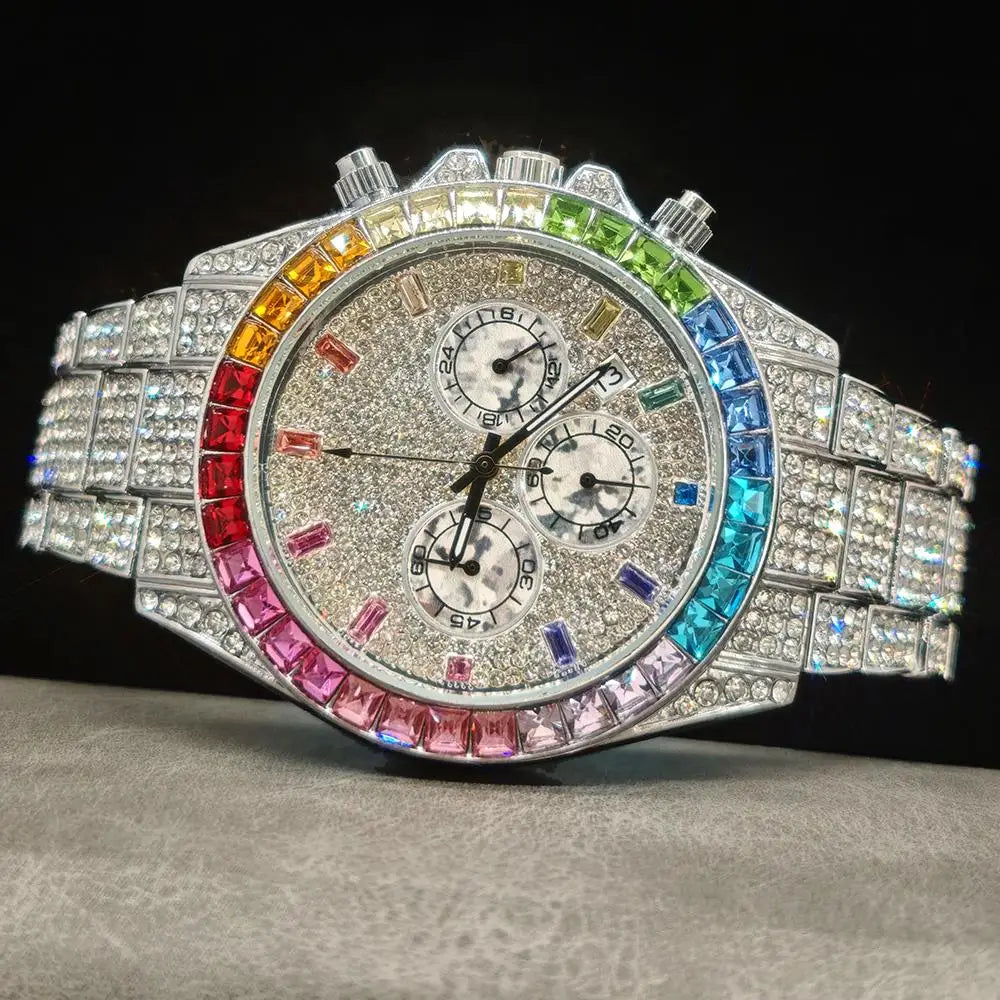 Hot Sell Fashion Gold Watch For Men Brand UNIGUET Hip Hop Rainbow Diamond shiny Jewelry Quartz Wristwatch Male Dropshipping