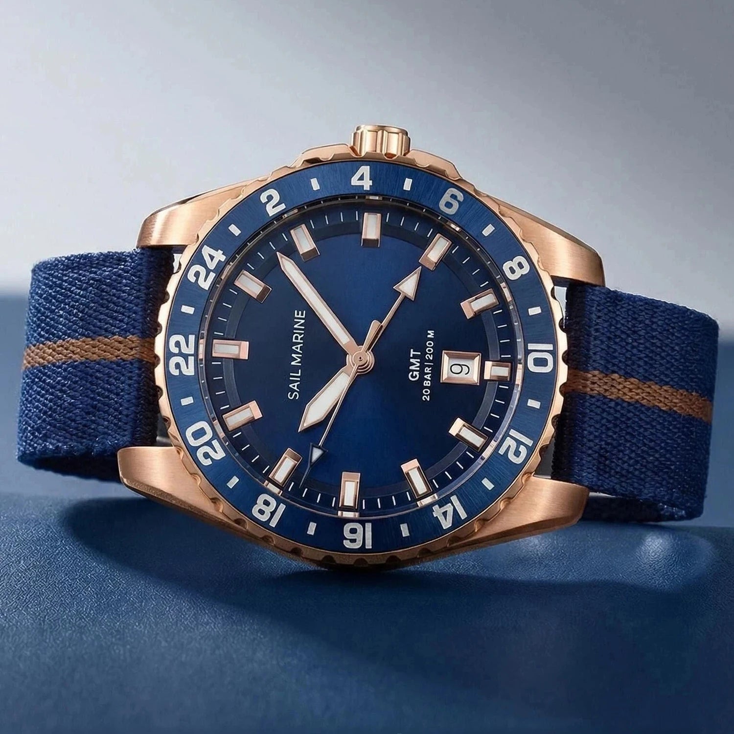 Top Quality Rose Gold Men's Luminous Casual Watch Fabric Strap GMT Quartz Wristwatch Stainless Steel Case 20 Bar Deep Waterproof