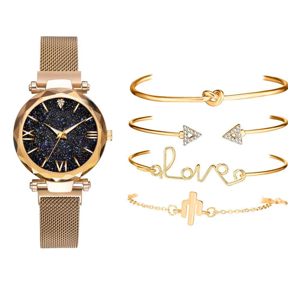 5pcs Set Womens Watches Set Ladies Fashion Watch Black Female New Simple Casual Womens Analog WristWatch Bracelet Gift No Box