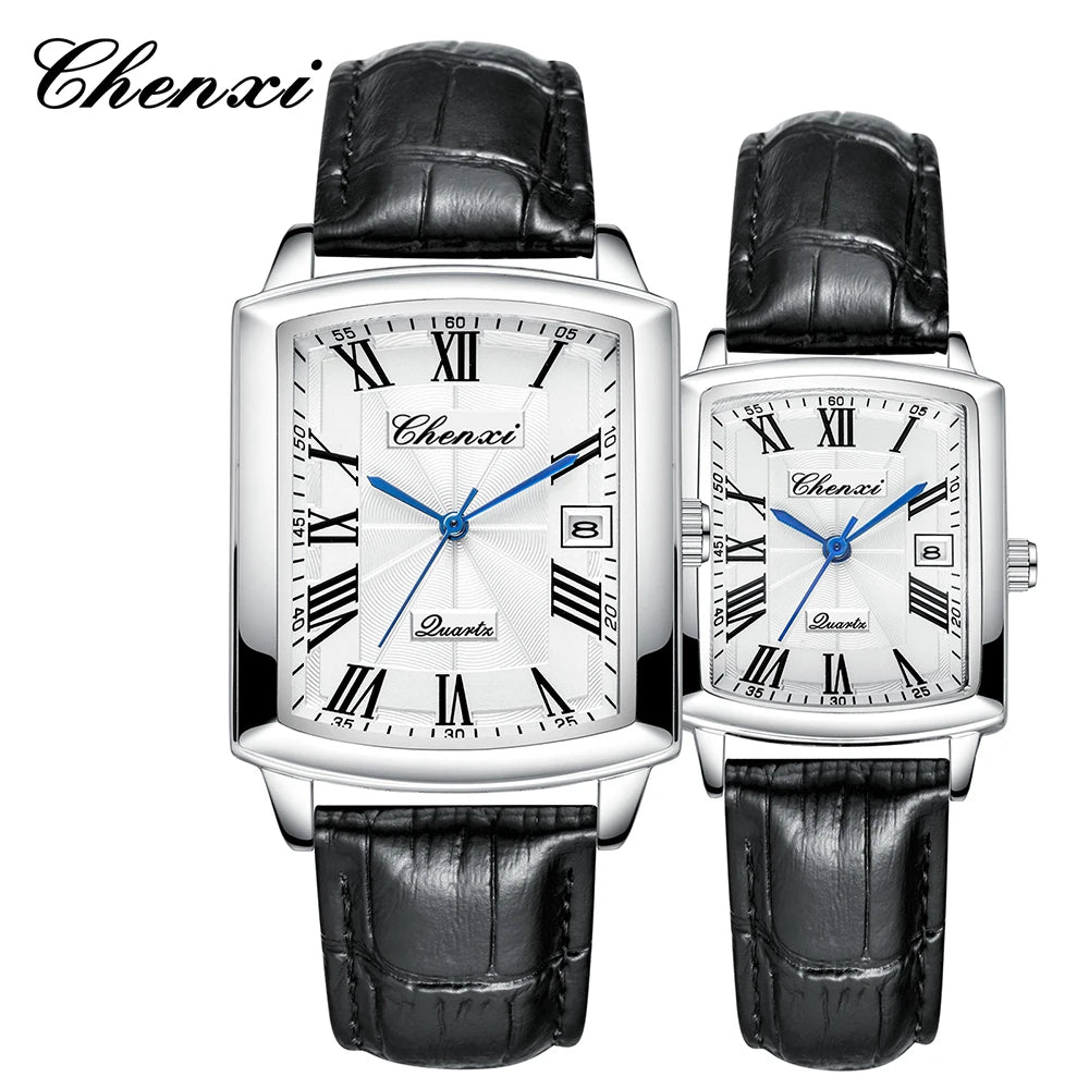 CHENXI Quartz Couple Watches Fashion Casual Rectangle Dial Alloy Man Woman Watch Luminous Calendar Couples Watch