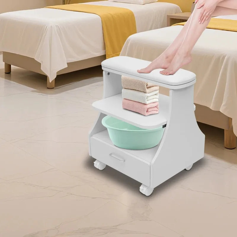 Portable Beauty Salon Foot Bath Trolley Pedicure Manicure Foot Rest with Massage Function Foot Spa Table White
