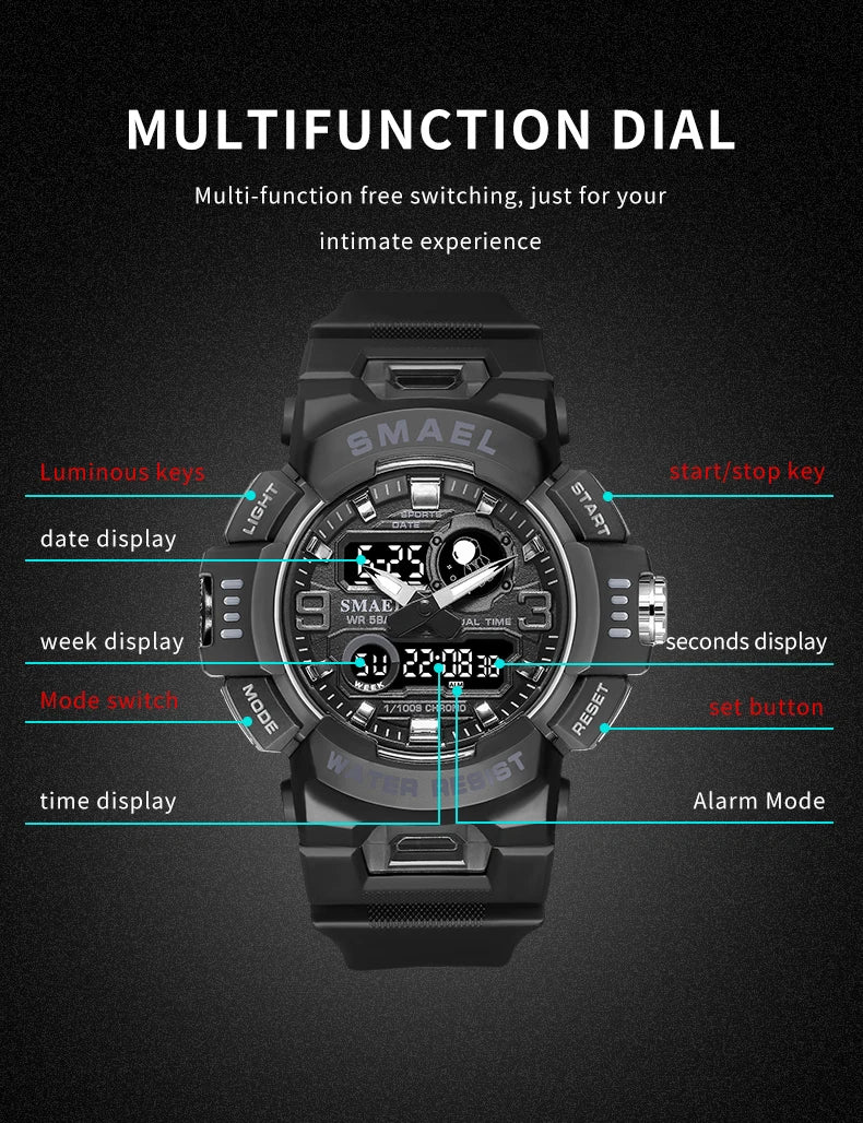 SMAEL Sport Watches Digital Watch LED 50m Waterproof Military Wristwatch Male Clocks 8063 Mens Watches  Stopwatches Alarm Clock