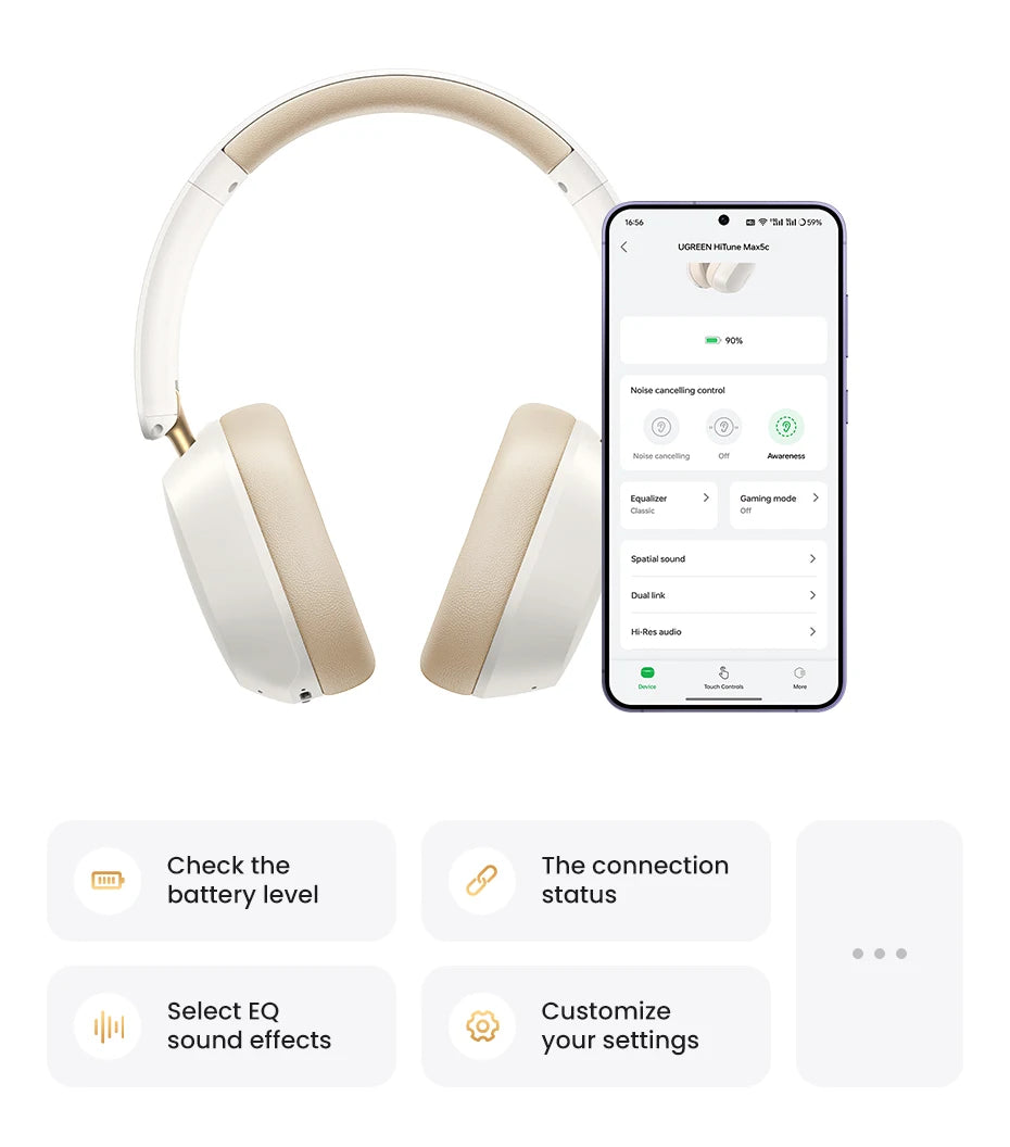 UGREEN Max5c Wireless Bluetooth Headphones 43dB Hybrid Active Noise Cancellation Hi-Res LDAC 75H Spatial Audio Earbuds Headset