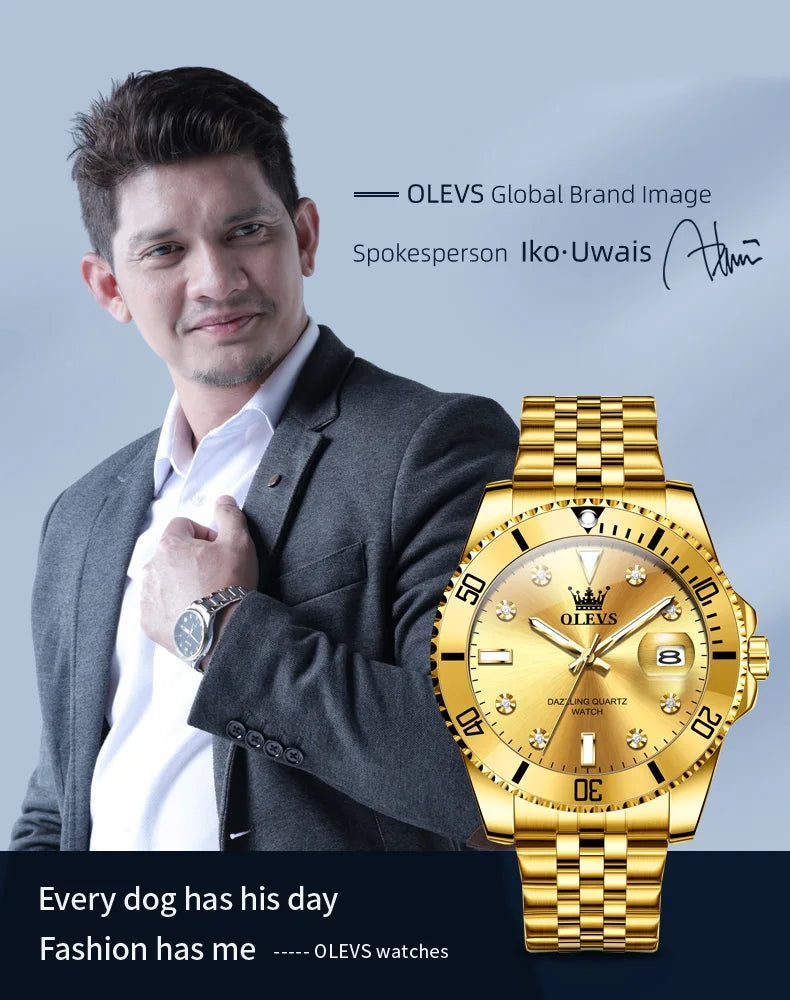 OLEVS 9809 Mens Watch Original Fashion Quartz Watch Zircon Scale Waterproof Luminous Reloj Hombre Automatic Date Watch For Man