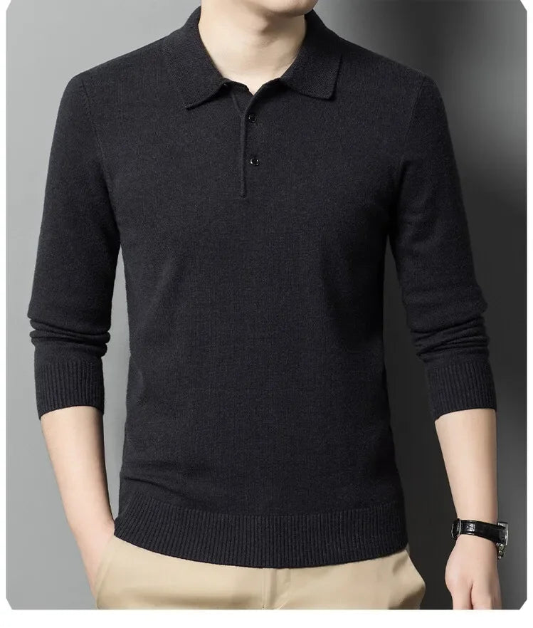 Autumn and Winter New Warm Soft Pullover Men's Business Lapel Knitwear Casual Solid Color Long Sleeve Polo Shirt Office