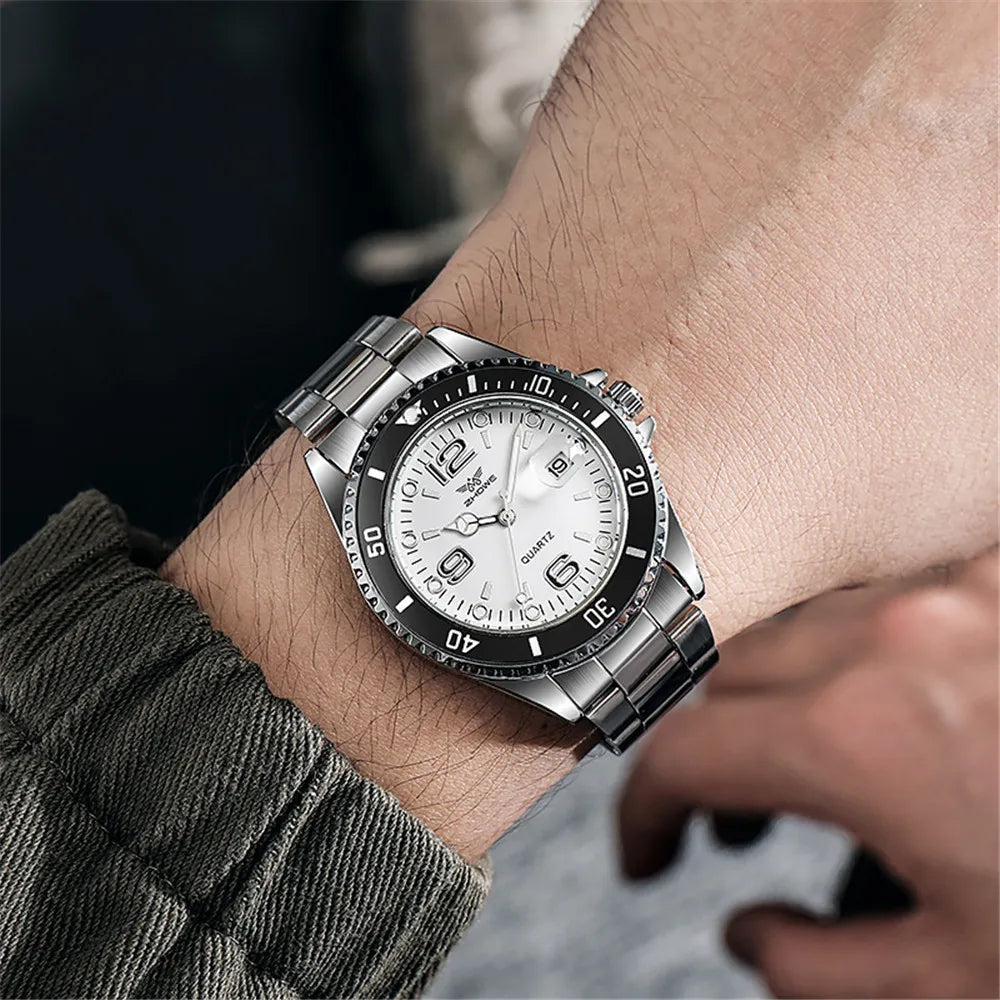 Men Black luxury Brand Sport Calendar Quartz Watch Stylish Silver Stainless Steel Strap Business Men's Clock Wristwatches