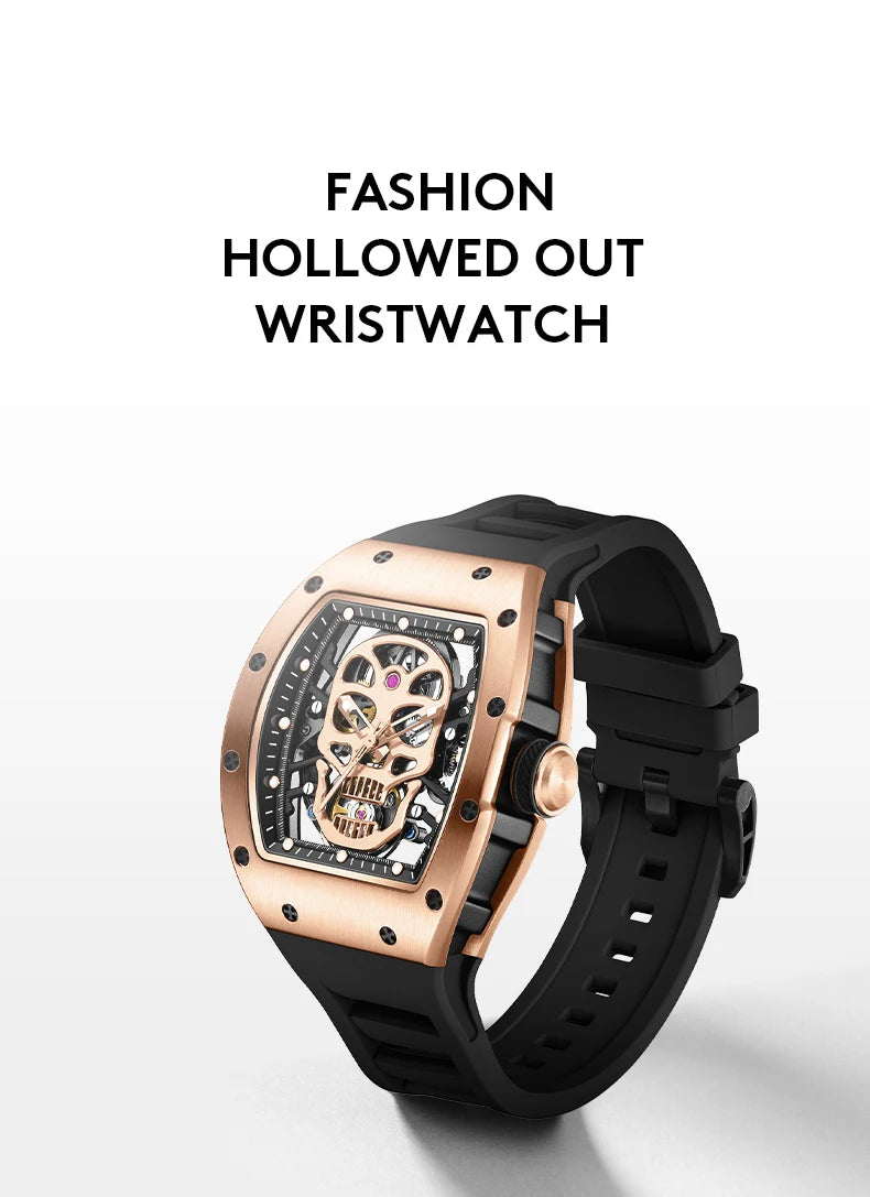 Unique Men Watch Tonneau Casual Wristwatch Soft Silicon Band Fashion Men's Wrist Watches Hollow Out Analog Automatic Watches