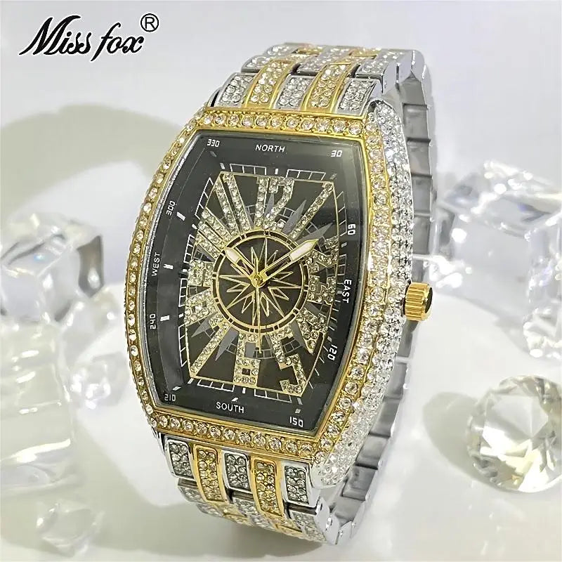 Luxury Gold Watches Men Brand MISSFOX Fashion Hip Hop lce Diamond Sun Pattern Literal Quartz Wristwatch Male Dropshipping Hot