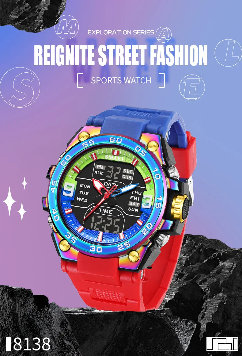 SMAEL Sports Watches 50M Waterproof Quatz Watches Mental Shockproof Men's Wristwatch Dual Time Alarm Clock  8138 Military Watch