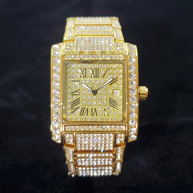 Luxury Brand Mens Silver Stainless Steel Quartz Watch Hip Hop Full Diamond Rectangle AAA Quality Fashion Wristwatch for Men 2025