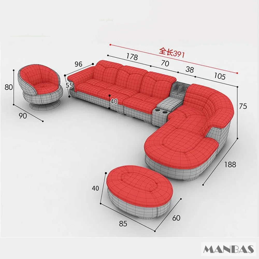 MANBAS Luxury L-Shaped Genuine Leather Sectional Sofa Sets with USB, Bluetooth Speaker - Living Room Italian Leather Couches