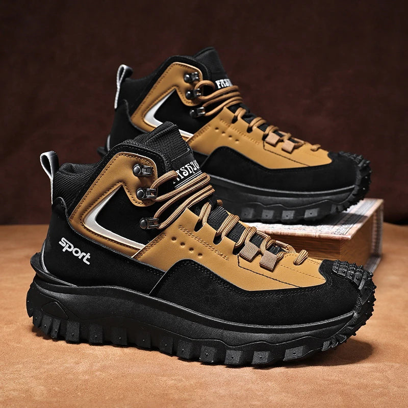 Black And Tan Mid Top Hiking Boots Suede And Leather Platform Sneakers Non Slip Outdoor Casual Shoes With Rugged Sole For All