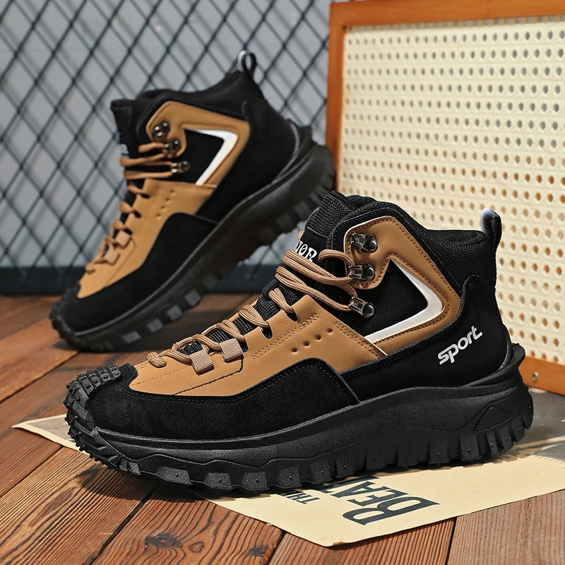 Black And Tan Mid Top Hiking Boots Suede And Leather Platform Sneakers Non Slip Outdoor Casual Shoes With Rugged Sole For All