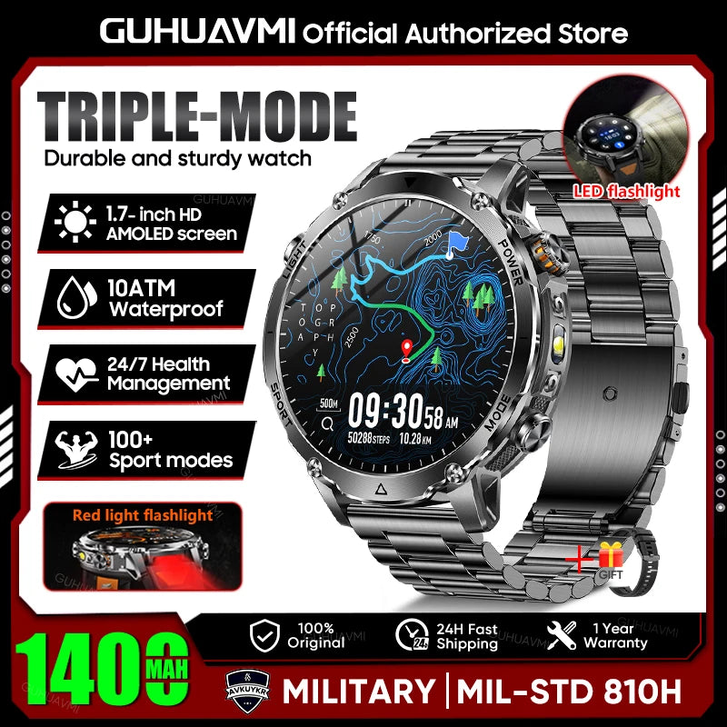 2026 New Military Smart Watch Men 1400mAh Battery 1.7-Inch AMOLED Sport GPS Track Bluetooth Call Rate Smartwatch For Android IOS
