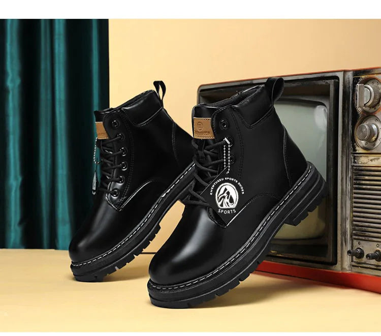 High Top Boots Men's Leather Shoes Fashion Motorcycle Ankle Boots for Men Winter Boots Man Shoes Lace-Up Botas Men Flat Sneakers