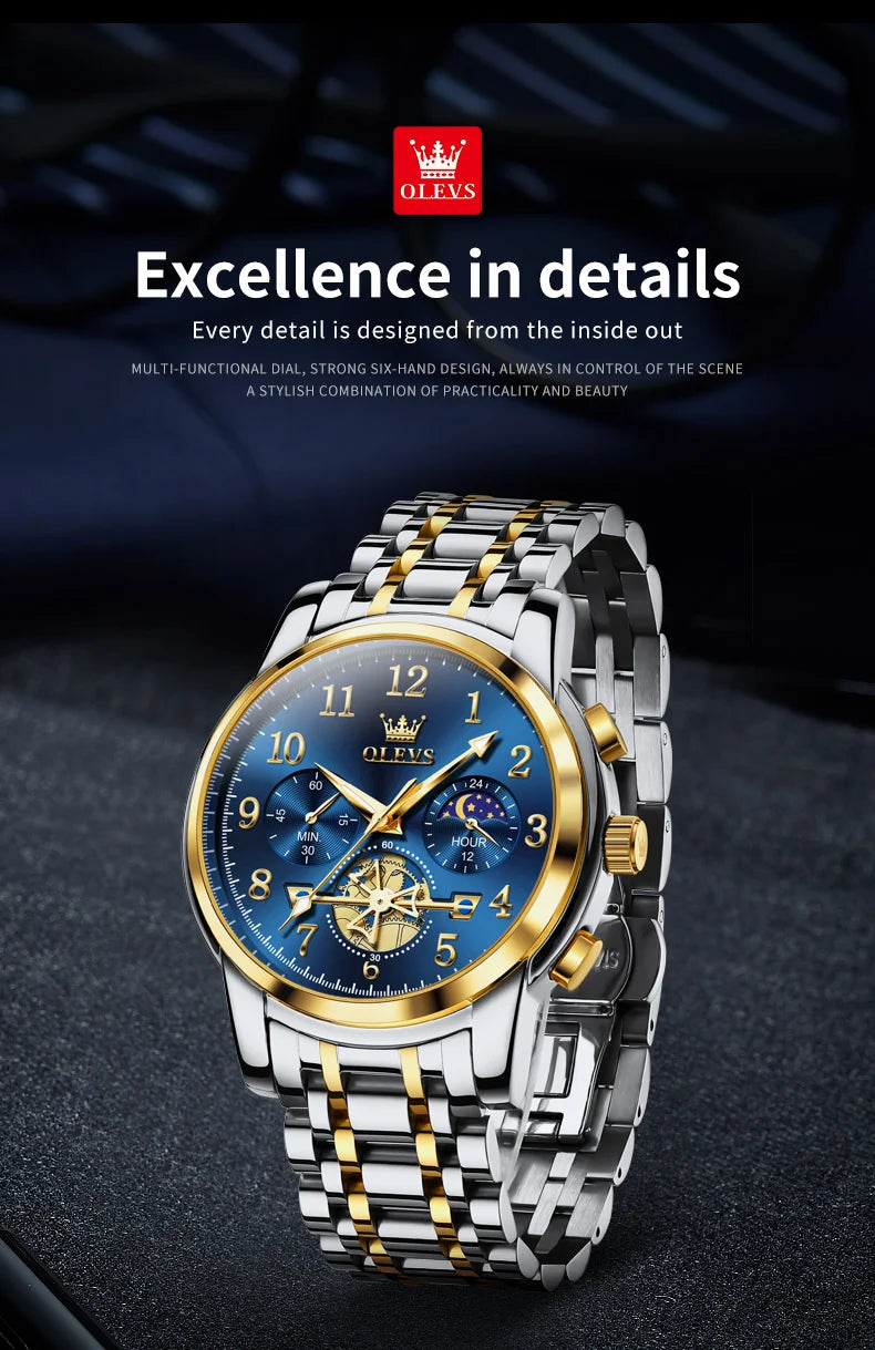 OLEVS 2900 Mens Watch Original Stainless Steel Watches For Men Calendar Moon Phase Quartz Watch Chronograph Freebie Reloj