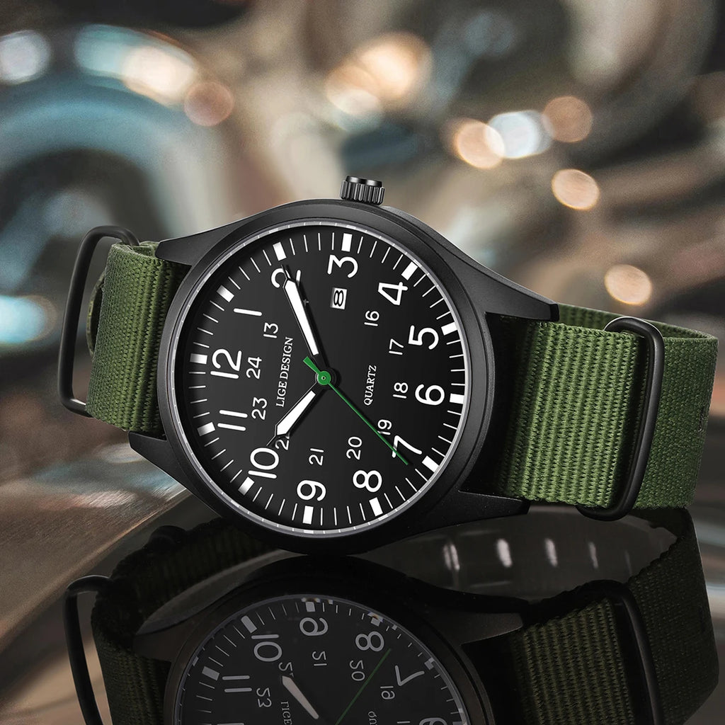 LIGE Top Brand Luxury Men Quartz Watch Date Nylon Leather Waterproof Luminous Military Sports Watches For Men relogios masculino