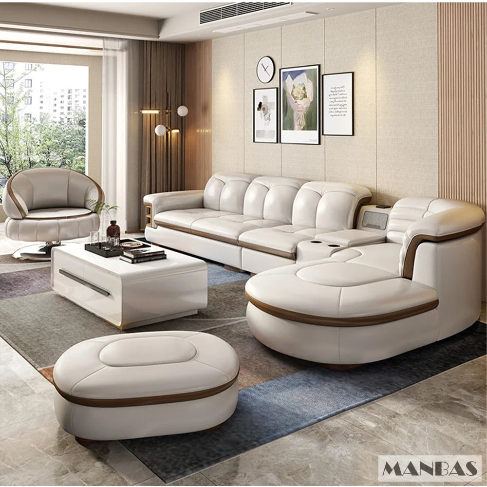 MANBAS Luxury L-Shaped Genuine Leather Sectional Sofa Sets with USB, Bluetooth Speaker - Living Room Italian Leather Couches