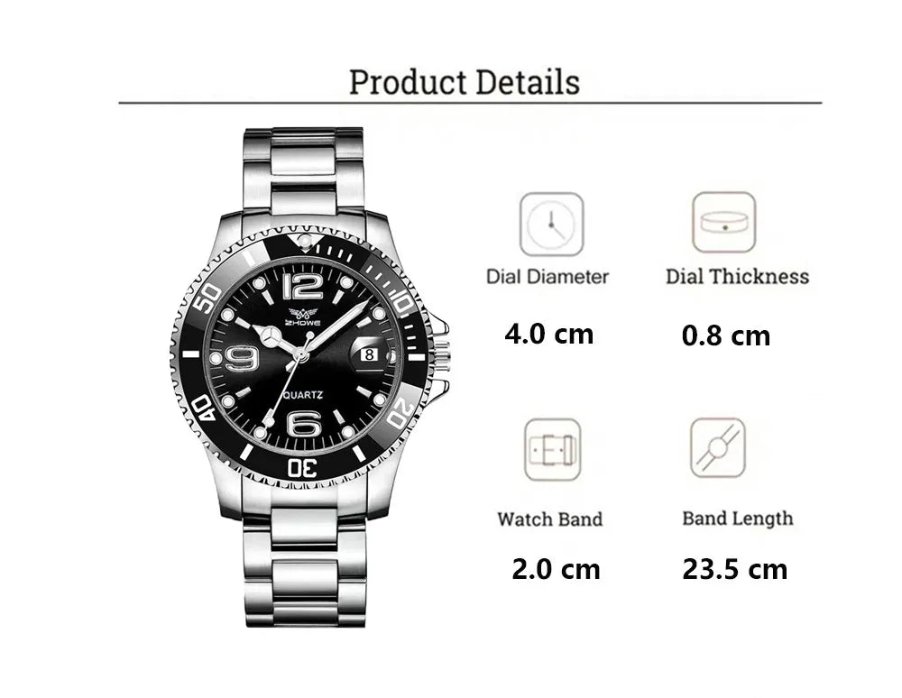 Men Black luxury Brand Sport Calendar Quartz Watch Stylish Silver Stainless Steel Strap Business Men's Clock Wristwatches