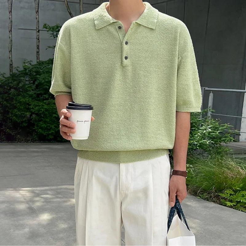 Men's Summer Simplicity Vintage Knitted Polo Shirt, Loose Casual Half Sleeves, Korean Fashion Lapel T-shirt, Short Sleeve