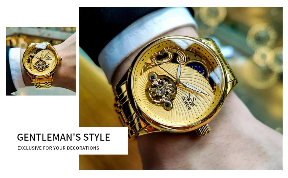 Stainless Steel New Vintage Skeleton Moonphase Luminous Waterproof Tourbillon Self-Wind Automatic Watch for Men