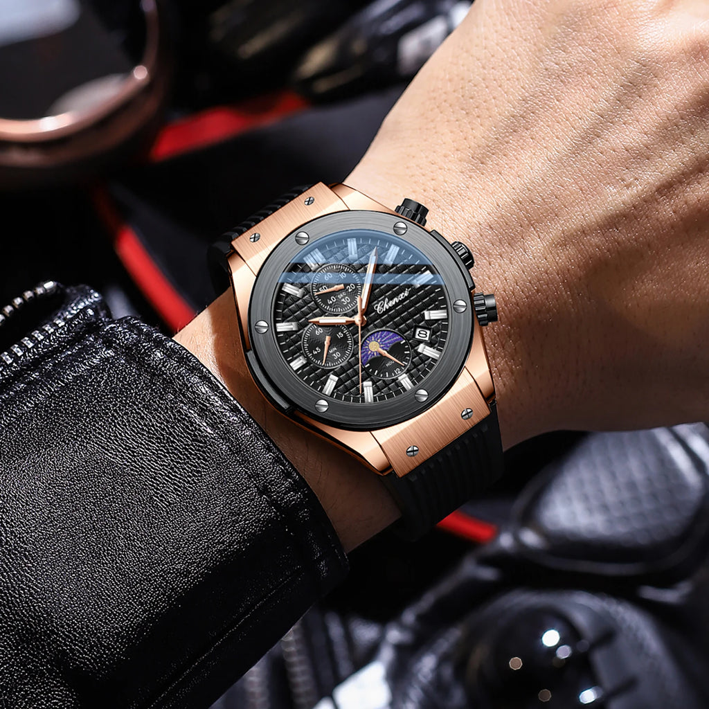 CHENXI Original Watch Quartz Waterproof Sports Watches Men Silicone Strap Chronograph Calendar Multi Functional Wristwatches