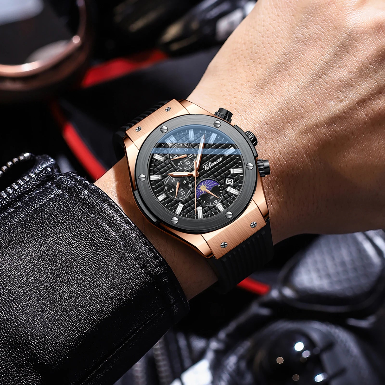 CHENXI Original Watch Quartz Waterproof Sports Watches Men Silicone Strap Chronograph Calendar Multi Functional Wristwatches
