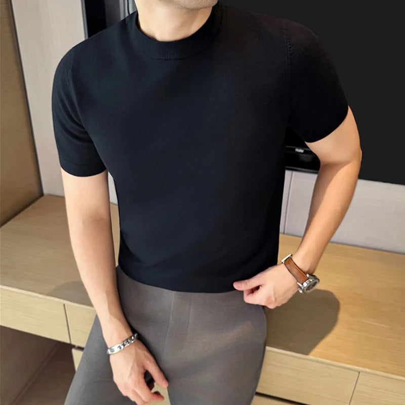 High-quality Men's Short-sleeve Knitted Sweater T-shirt O-Neck Solid Color Men Pullover T Shirts Slim Fit Stretch Undershirt Top