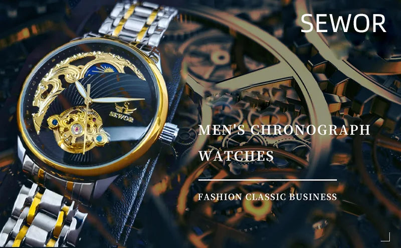 Stainless Steel New Vintage Skeleton Moonphase Luminous Waterproof Tourbillon Self-Wind Automatic Watch for Men