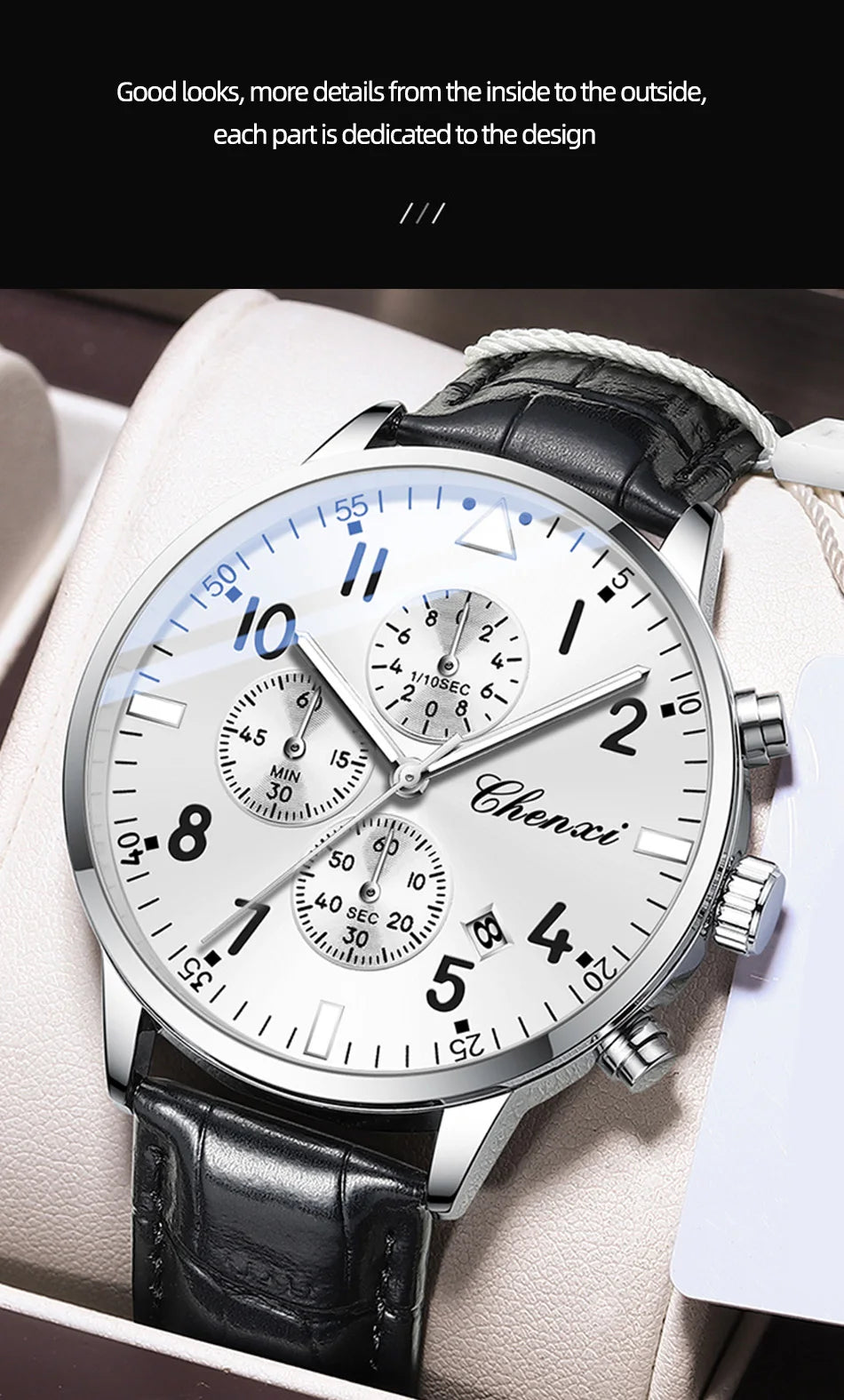 2025 New CHENXI Man Watch 43mm Classic Sports Chronograph Waterproof Luminous Quartz Men's Watches Leather Strap