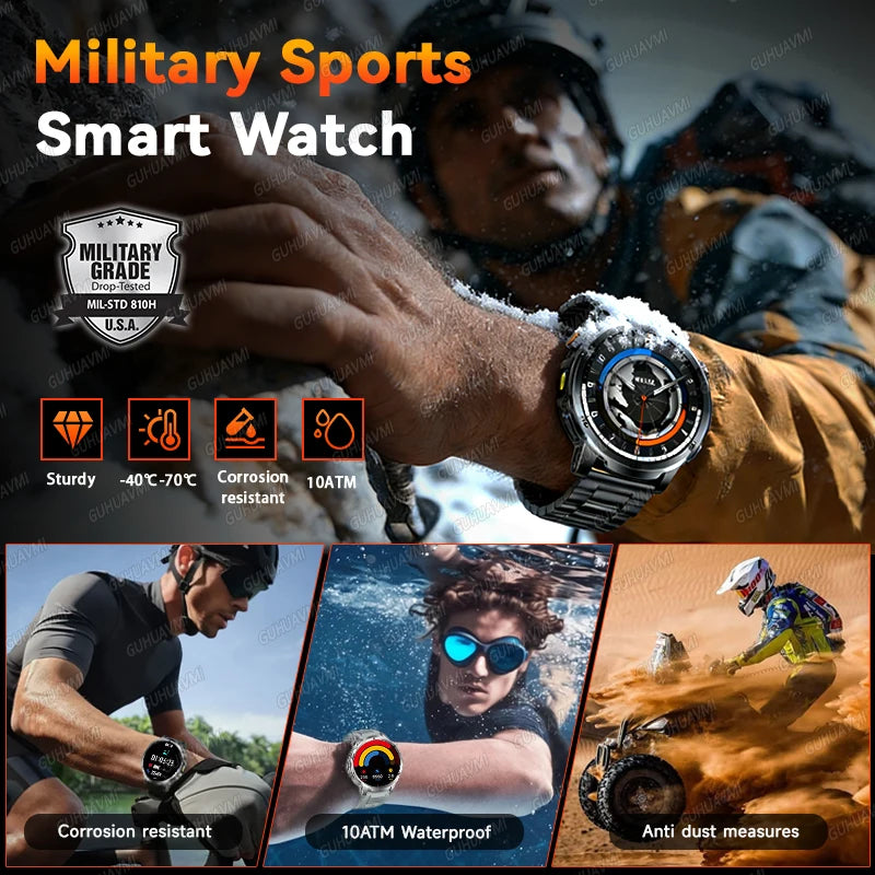 2026 New Outdoor Military Smart Watch For Men 1.85" AMOLED 1000mAh Battery IP69K Swim Flashlight Heart Rate Wireless Call Watchs