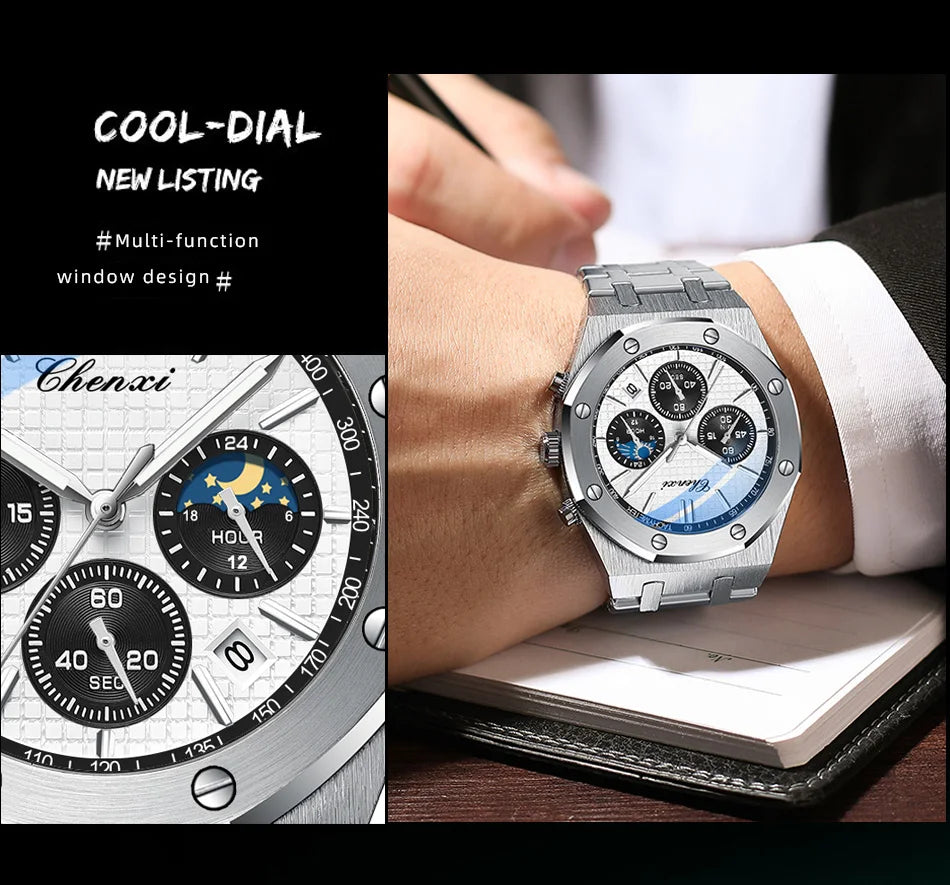 Luxury Business CHENXI Man Watch High Quality Chronograph Moon Phase Quartz Watches Original Waterproof Clock Male New 2025