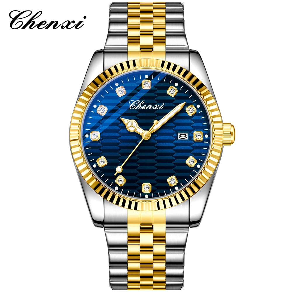 CHENXI Man Watch Classic Fashion Gold Quartz Steel Strap Watches Men Diamond-Set Round Luminous Water-Resistant Date