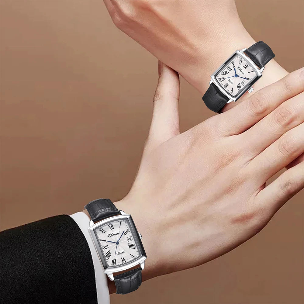 CHENXI Quartz Couple Watches Fashion Casual Rectangle Dial Alloy Man Woman Watch Luminous Calendar Couples Watch