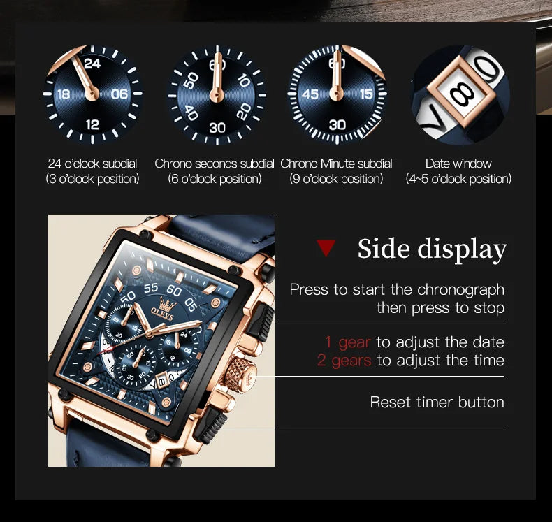 OLEVS 9919 Chronograph Multifunctional Quartz Men's Watch Leather strap 45MM Square Big Dial Leisure Sports TOP Brand Male Watch