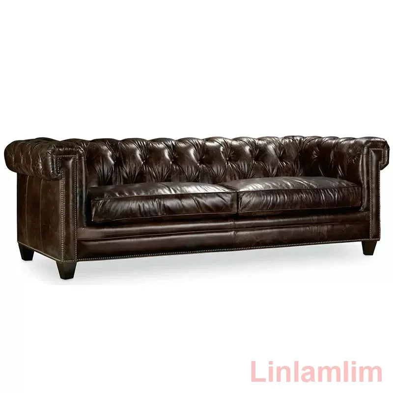 Classic Tufted Couch – Luxury Genuine Leather Chesterfield Sofa 3-Seater with Rolled Arms and Nailhead Trim, for Living Room