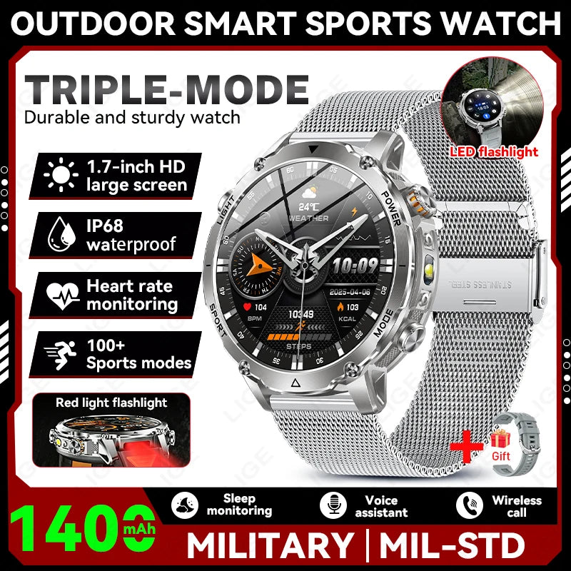 LIGE 2026 Military 1400mAh Battery Smart Watch Men Outdoor Flashlight IP68 Waterproof Heart Rate Bluetooth Call Sports Bracelet