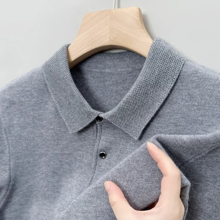 Autumn and Winter New Warm Soft Pullover Men's Business Lapel Knitwear Casual Solid Color Long Sleeve Polo Shirt Office