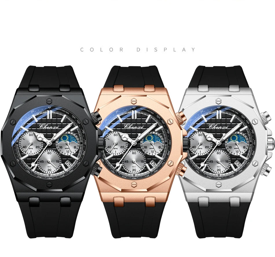 CHENXI Sports Multi-functional Silicone Man Watch Calendar Waterproof Quartz Men Watches Chronograph Moon Phase Men's Wristwatch