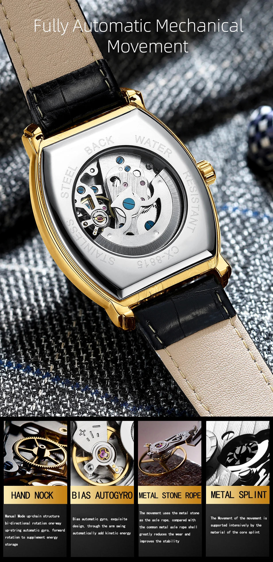 Automatic Mechanical Skeleton Man Watch Fashion Luxury CHENXI Watches For Men Business Leather Waterproof Tonneau Wristwatch