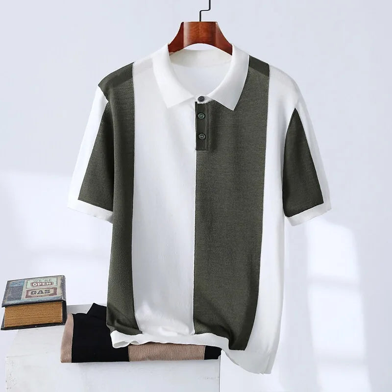 High-quality Color Blocked Striped Knitting Men's Polo Shirts Summer Thin Ice Silk Breathable Lapel T-shirt Business Casual Tees