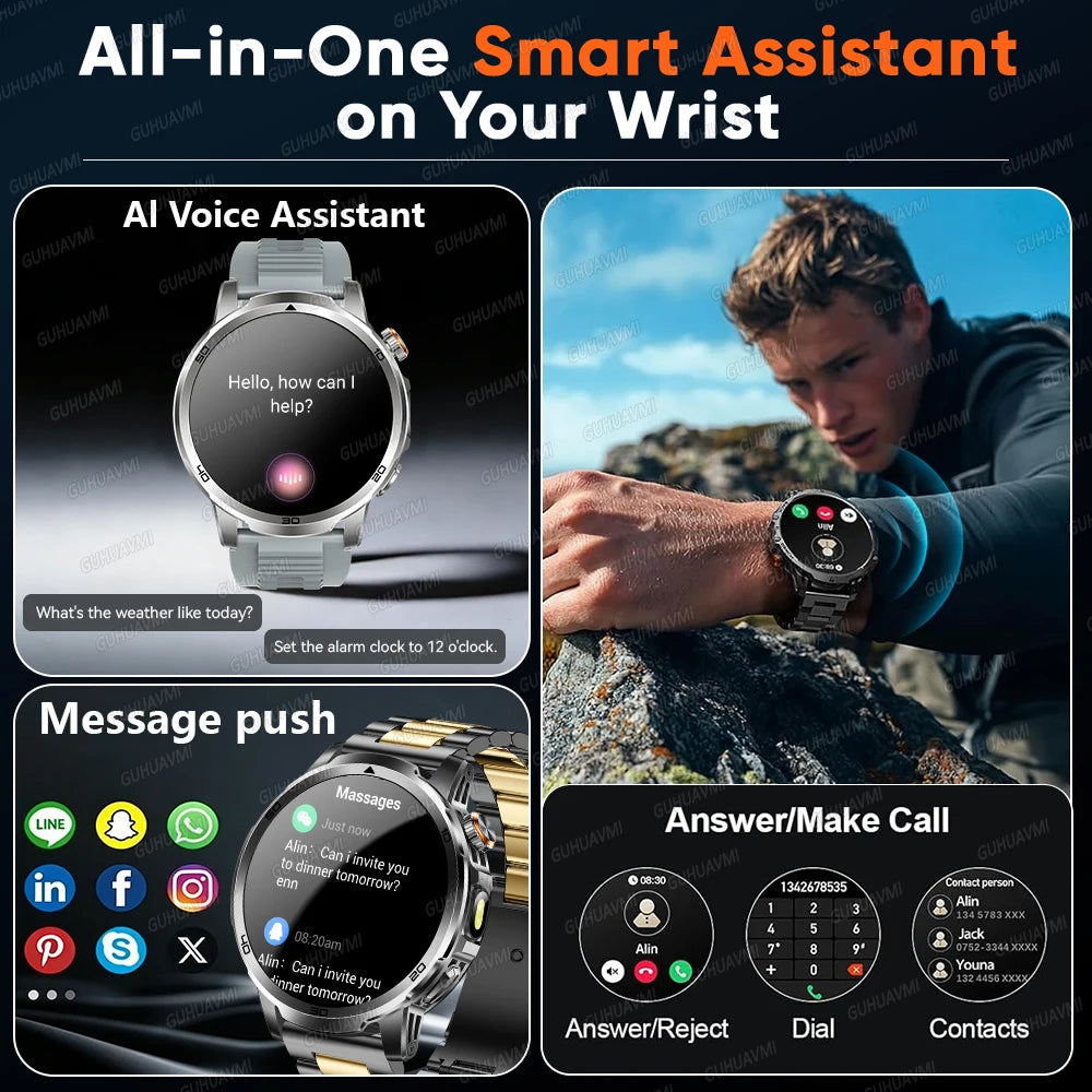 2026 New Outdoor Military Smart Watch For Men 1.85" AMOLED 1000mAh Battery IP69K Swim Flashlight Heart Rate Wireless Call Watchs