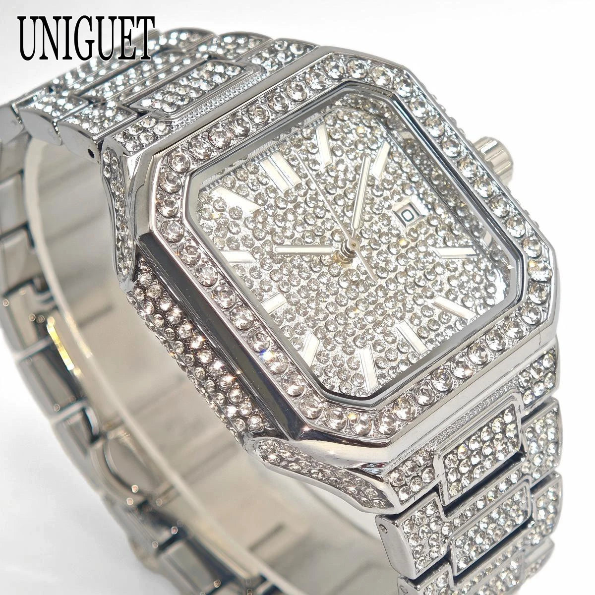 2025 New Black Iced Watch For Men Brand UNIGUET Fashion Waterproof Quartz Watch Man Hip Hop Diamond Jewelry Square Wristwatch