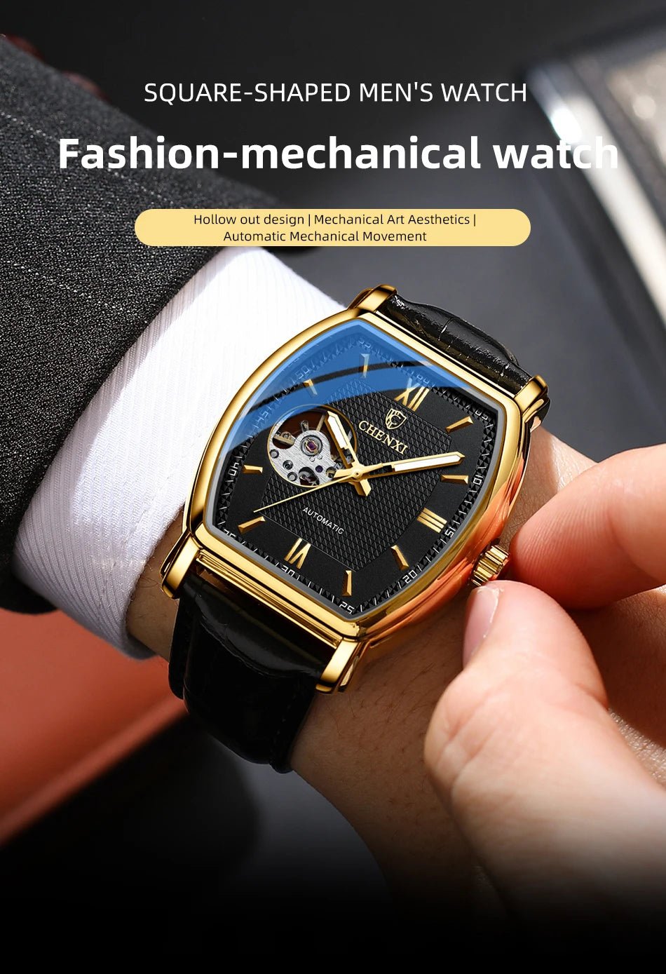 Automatic Mechanical Skeleton Man Watch Fashion Luxury CHENXI Watches For Men Business Leather Waterproof Tonneau Wristwatch