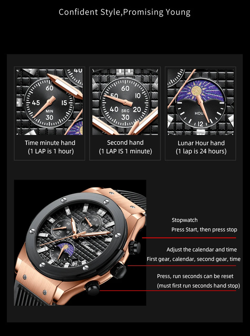 CHENXI Original Watch Quartz Waterproof Sports Watches Men Silicone Strap Chronograph Calendar Multi Functional Wristwatches