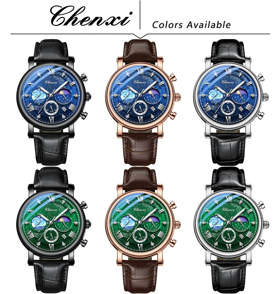 CHENXI Multi-functional Fashion Men's Watches Luminous Moon Phase Chronograph Men Wristwatches Calendar Quartz Watch For Man