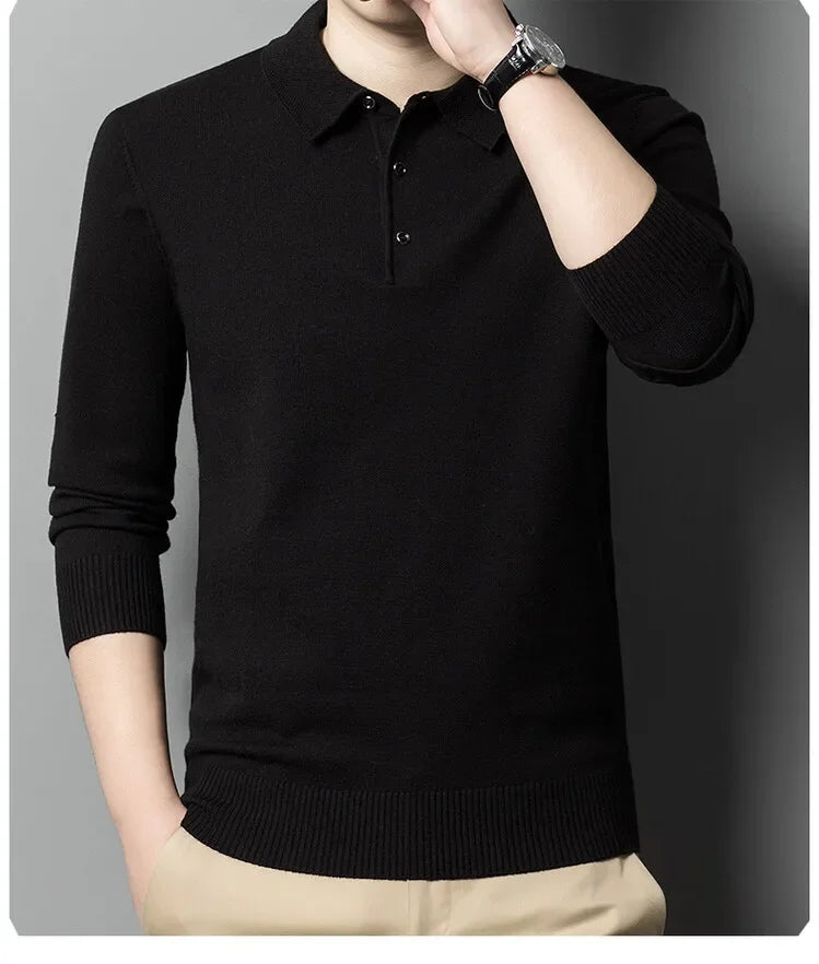 Autumn and Winter New Warm Soft Pullover Men's Business Lapel Knitwear Casual Solid Color Long Sleeve Polo Shirt Office