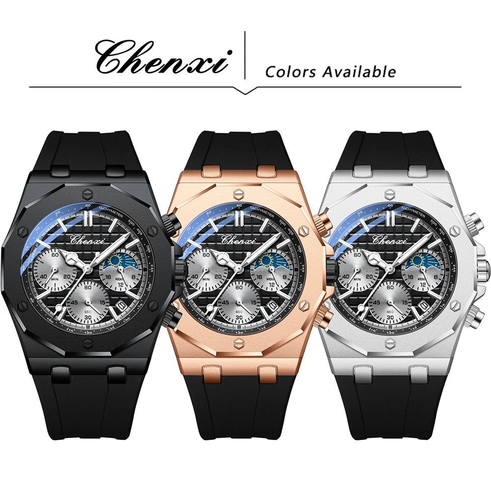 CHENXI Sports Multi-functional Silicone Man Watch Calendar Waterproof Quartz Men Watches Chronograph Moon Phase Men's Wristwatch