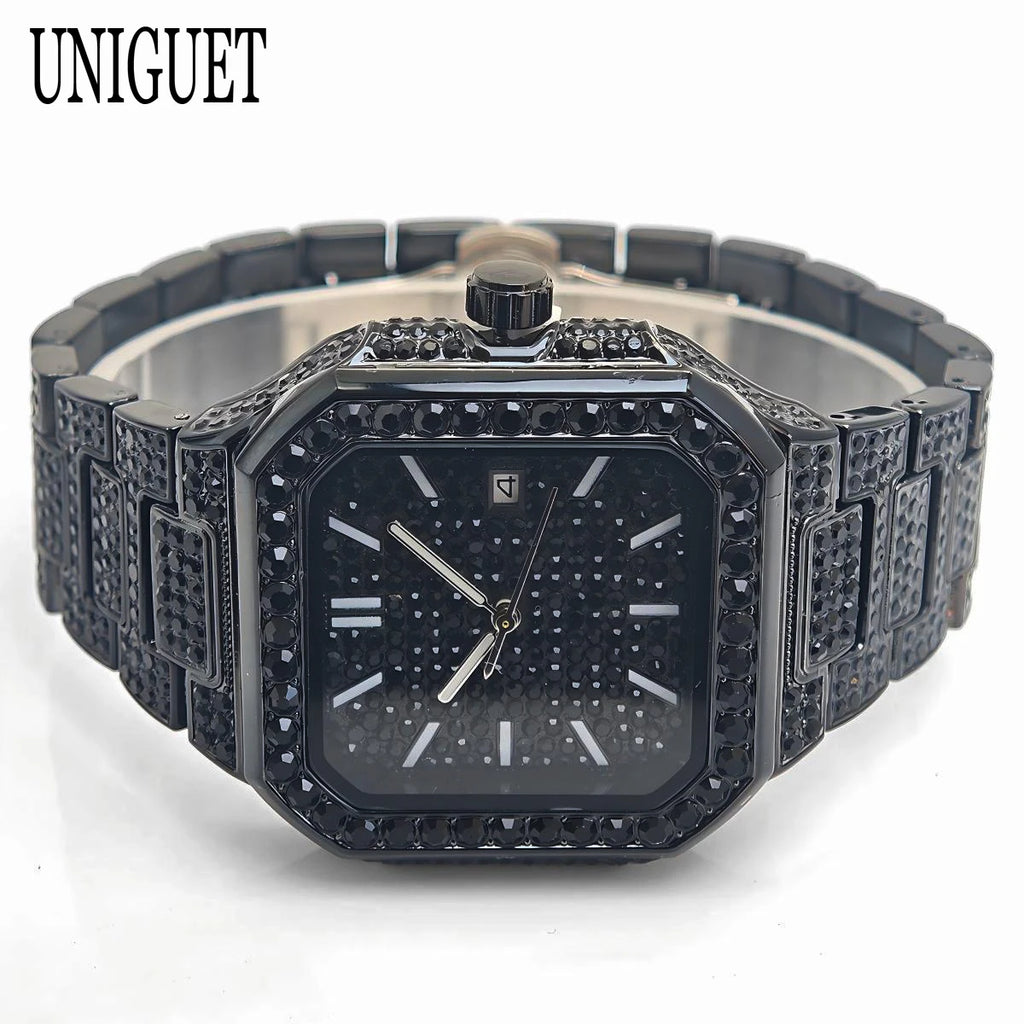 2025 New Black Iced Watch For Men Brand UNIGUET Fashion Waterproof Quartz Watch Man Hip Hop Diamond Jewelry Square Wristwatch