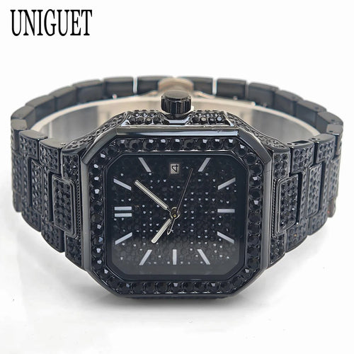 2025 New Black Iced Watch For Men Brand UNIGUET Fashion Waterproof Quartz Watch Man Hip Hop Diamond Jewelry Square Wristwatch